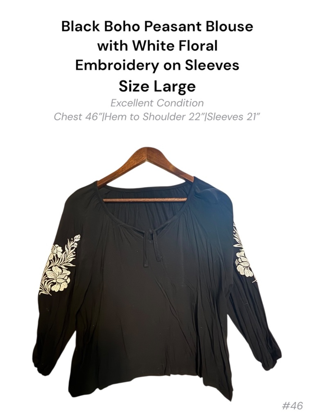 Black Boho Peasant Blouse White Floral Embroidered Sleeves Tie Neck Size Large